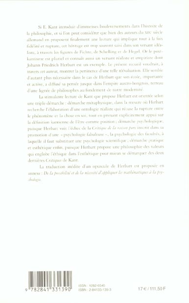 Quatrième de couverture de « CAHIERS DE PHILOSOPHIE DE L'UNIVERSITE DE CAEN, N 36/2001. J. F. HERB ART (1776-1841). METAPHYSIQUE, »