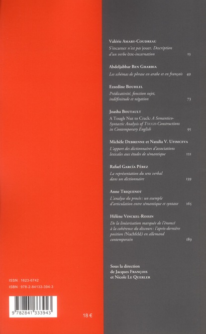 Quatrième de couverture de « SYNTAXE ET SEMANTIQUE, N 12 / 2011 »