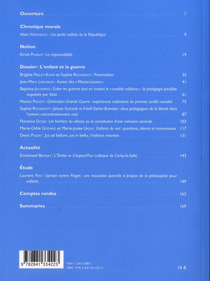 Quatrième de couverture de « LE TELEMAQUE, N 42 / 2012. L'ENFANT ET LA GUERRE »