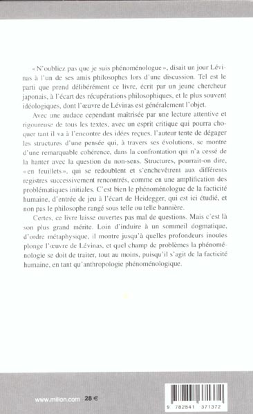 Quatrième de couverture de « LEVINAS PHENOMENOLOGUE »
