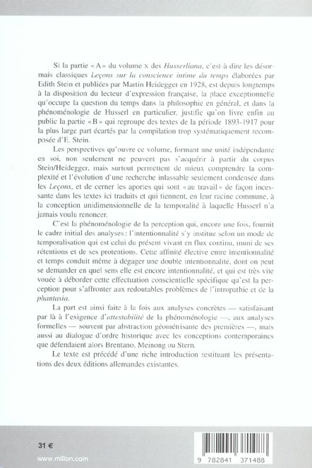Quatrième de couverture de « SUR LA PHENOMENOLOGIE DE LA CONSCIENCE INTIME DU TEMPS »