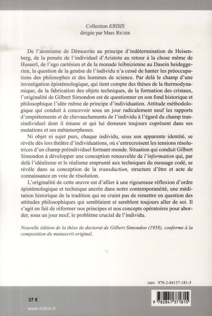 Quatrième de couverture de « INDIVIDUATION A LA LUMIERE DES NOTIONS DE FORME... »