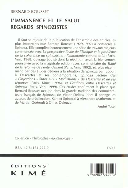Quatrième de couverture de « L' IMMANENCE ET LE SALUT »