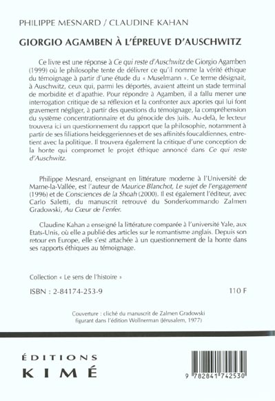 Quatrième de couverture de « GIORGIO AGAMBEN A L'EPREUVE D'AUSCHWITZ »