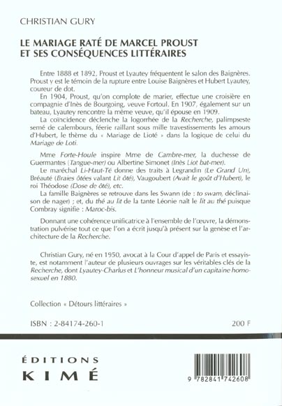 Quatrième de couverture de « LE MARIAGE RATE DE MARCEL PROUST »