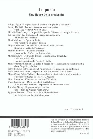 Quatrième de couverture de « TUMULTES N 21 LE PARIA »