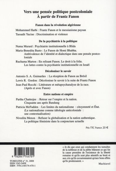 Quatrième de couverture de « TUMULTES N 31 VERS UNE PENSEE POLITIQUE POSTCOLONIALE »