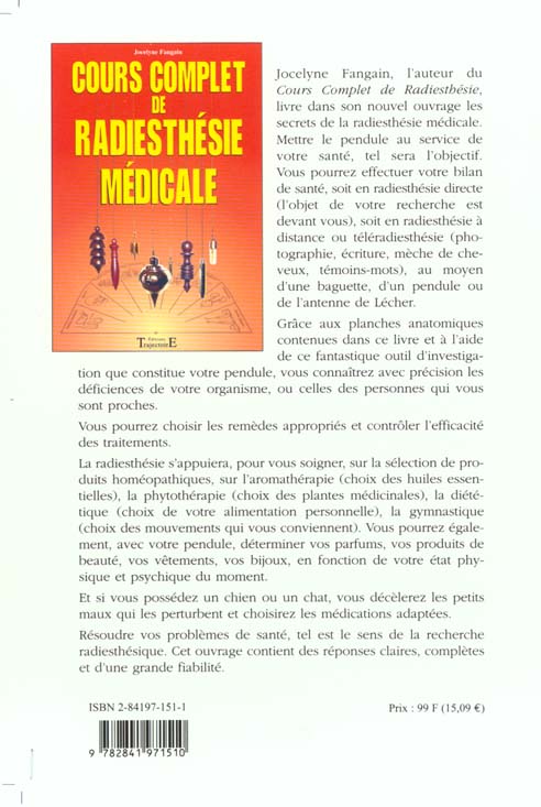 Quatrième de couverture de « COURS COMPLET DE RADIESTHESIE MEDICALE »