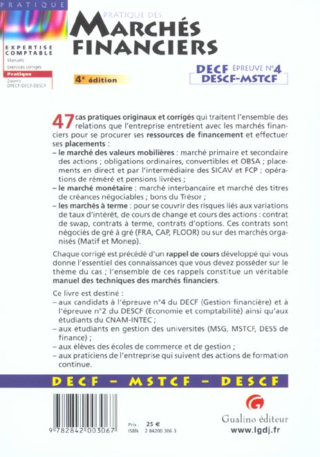 Quatrième de couverture de « LA PRATIQUE DES MARCHES FINANCIERS »