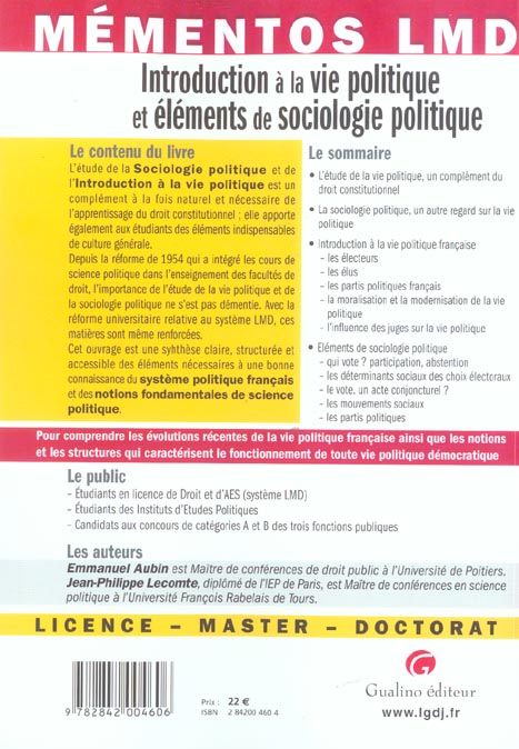 Quatrième de couverture de « MEMENTOS LMD - INTRODUCTION A LA VIE POLITIQUE ET ELEMENTS DE SOCIOLOGIE POLITIQ »