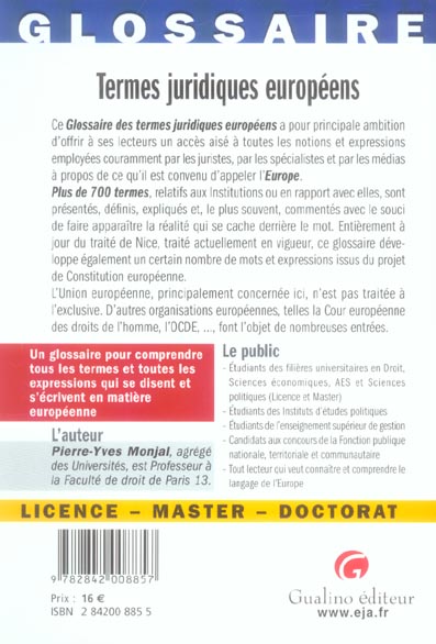 Quatrième de couverture de « TERMES JURIDIQUES EUROPEENS »