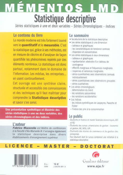 Quatrième de couverture de « MEMENTOS LMD - STATISTIQUE DESCRIPTIVE »