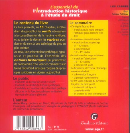Quatrième de couverture de « L'ESSENTIEL DE L'INTRODUCTION HISTORIQUE A L'ETUDE DU DROIT »