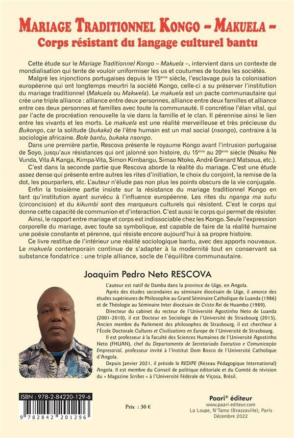 Quatrième de couverture de « MARIAGE TRADITIONNEL KONGO - MAKUELA - - CORPS RESISTANT DU LANGAGE CULTUREL BANTU »