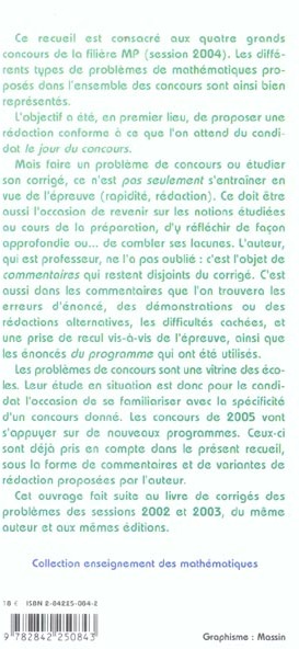 Quatrième de couverture de « ECRITS DES CONCOURS 2004 MATHS MP »