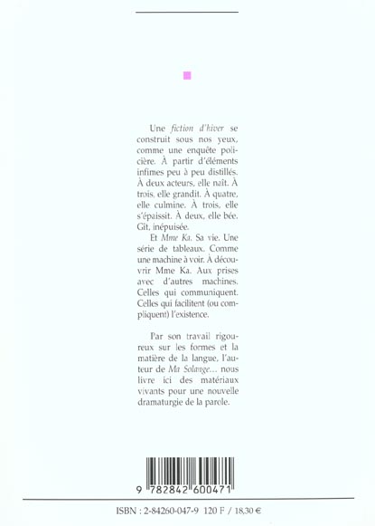 Quatrième de couverture de « FICTION D'HIVER, MADAME KA »