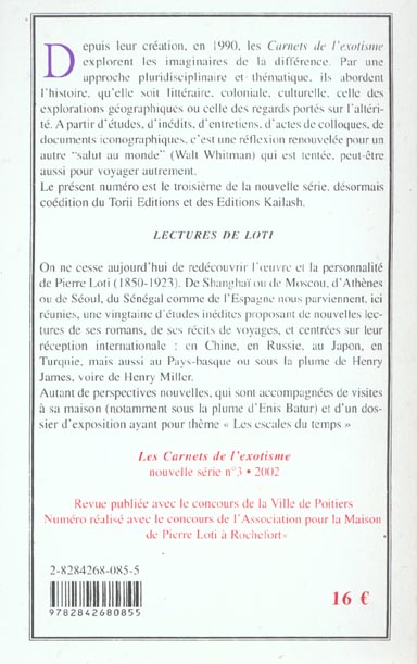 Quatrième de couverture de « LES CARNETS DE L'EXOTISME N3 - LECTURES DE LOTI »