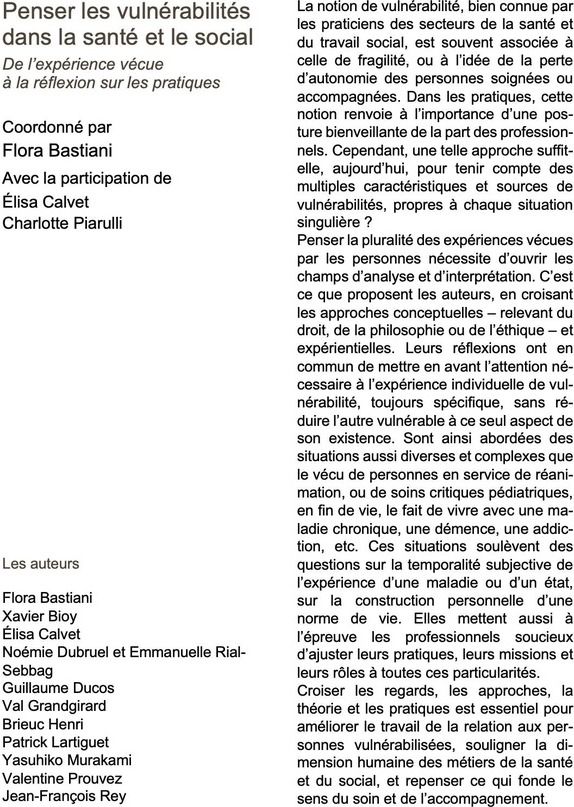 Quatrième de couverture de « Penser les vulnérabilités dans la santé et le social : de l'expérience vécue à la réflexion sur les pratiques »