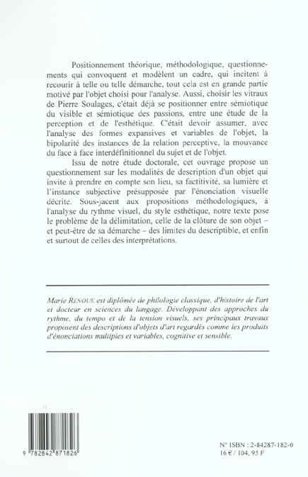 Quatrième de couverture de « SEMIOTIQUE ET PERCEPTION ESTHETIQUE - PIERRE SOULAGES ET SAINTE-FOY DE CONQUES »