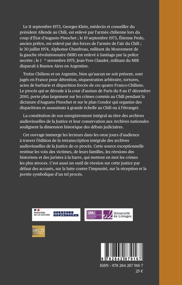 Quatrième de couverture de « La Dictature chilienne devant la justice française : Procès de 14 hauts responsables - Cours d assises de Paris - 2010 »