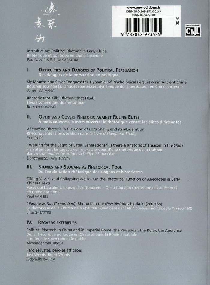 Quatrième de couverture de « POLITICAL RHETORIC IN EARLY CHINA »