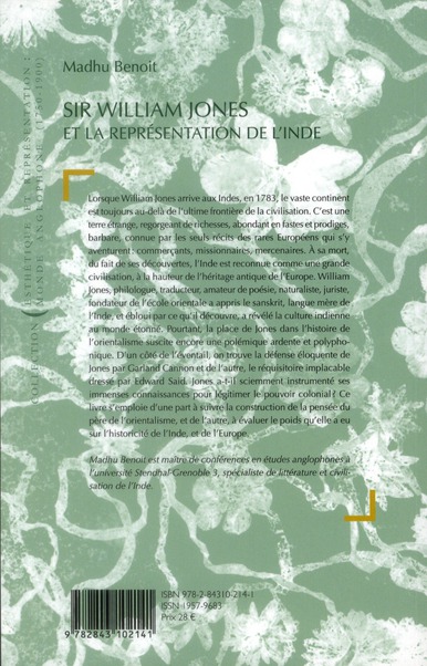 Quatrième de couverture de « SIR WILLIAM JONES ET LA REPRESENTATION DE L'INDE »