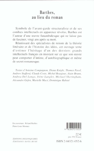 Quatrième de couverture de « BARTHES, AU LIEU DU ROMAN »