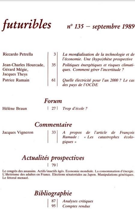 Quatrième de couverture de « FUTURIBLES 135, SEPTEMBRE 1989. LA MONDIALISATION DE L'ECONOMIE - POLITIQUES ENERGETIQUES ET CLIMATS »