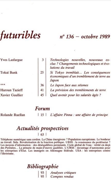 Quatrième de couverture de « FUTURIBLES 136, OCTOBRE 1989. NOUVELLES TECHNOLOGIES, NOUVEAUX EXCLUS - SI TOKYO TREMBLAIT... »
