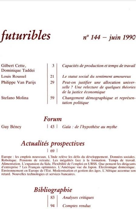 Quatrième de couverture de « FUTURIBLES 144, JUIN 1990. PRODUCTION ET TEMPS DE TRAVAIL - LE STATUT SOCIAL DU SENTIMENT AMOUREUX »