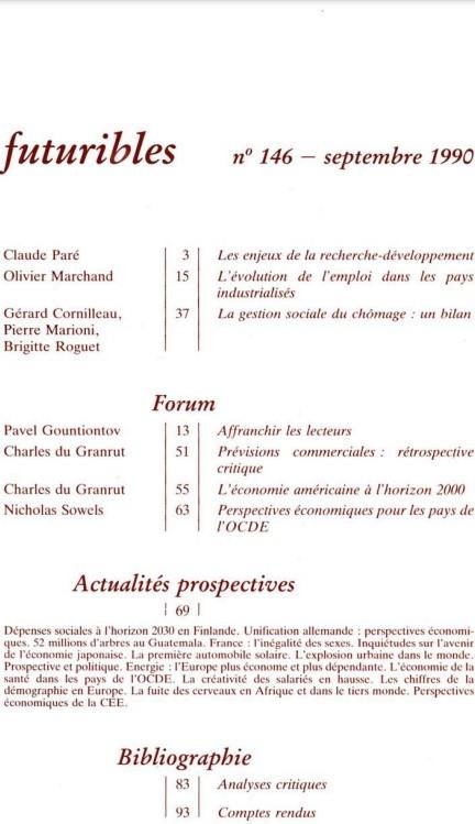 Quatrième de couverture de « FUTURIBLES 146, SEPTEMBRE 1990. L'EVOLUTION DE L'EMPLOI DANS LES PAYS INDUSTRIALISES - LES ENJEUX DE »