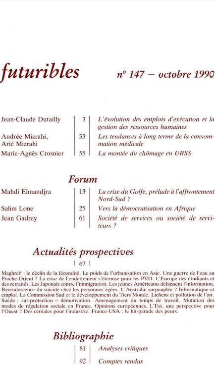 Quatrième de couverture de « FUTURIBLES 147, OCTOBRE 1990. LA GESTION PREVISIONNELLE DU PERSONNEL - LA CRISE DU GOLFE, PRELUDE A »