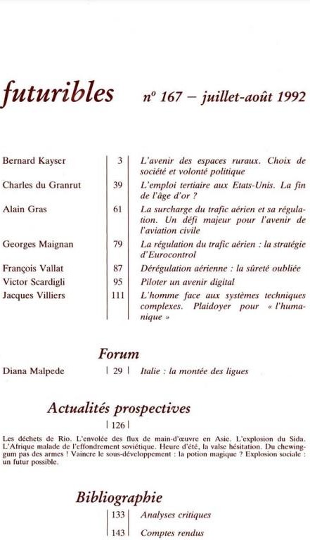 Quatrième de couverture de « FUTURIBLES 167, JUILLET-AOUT 1992. L'AVENIR DES ESPACES RURAUX - L'EMPLOI TERTIAIRE AUX USA »