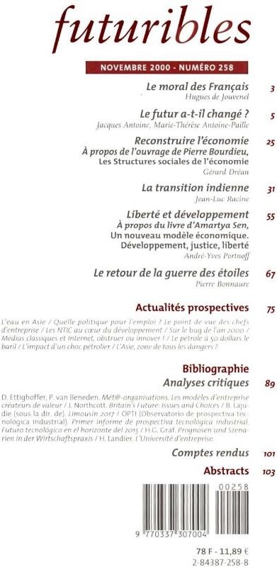 Quatrième de couverture de « FUTURIBLES 258, NOVEMBRE 2000. L'OPINION PUBLIQUE SUR LE FUTUR - LA TRANSITION INDIENNE »