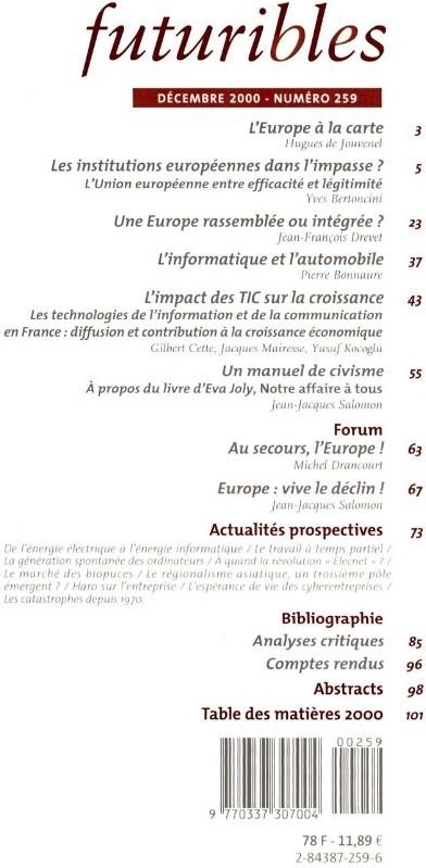 Quatrième de couverture de « FUTURIBLES 259, DECEMBRE 2000. PEUT-ON SAUVER L'EUROPE ? - IMPACT ECONOMIQUE DES TIC »