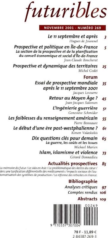 Quatrième de couverture de « FUTURIBLES 269, NOVEMBRE 2001. LES PERSPECTIVES GEOPOLITIQUES APRES LES ATTENTATS DE SEPTEMBRE - SUR »