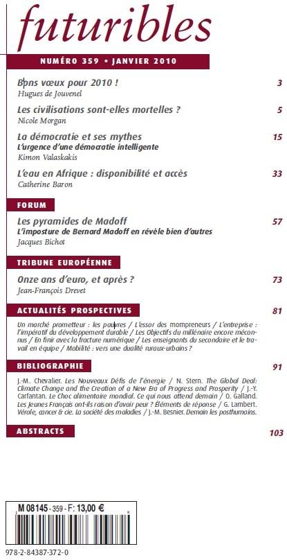 Quatrième de couverture de « FUTURIBLES 359, JANVIER 2010. LES CIVILISATIONS SONT-ELLES MORTELLES ? - MONDIALISATION ET GOUVERNAN »