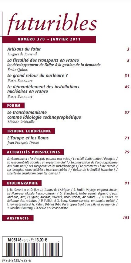 Quatrième de couverture de « FUTURIBLES 370, JANVIER 2011. LA FISCALITE DES TRANSPORTS - L AVENIR DU NUCLEAIRE »