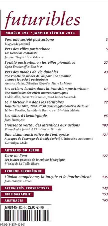 Quatrième de couverture de « FUTURIBLES 392, JANVIER-FEVRIER 2013. LA SOCIETE POSTCARBONE - LA CROISSANCE VERTE »
