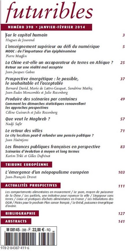 Quatrième de couverture de « FUTURIBLES 398, JANVIER-FEVRIER 2014. L'ENSEIGNEMENT EN LIGNE - LE COMMERCE MONDIAL DES TERRES »