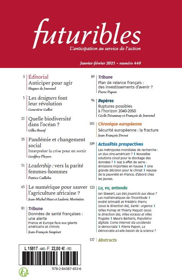 Quatrième de couverture de « FUTURIBLES 440, JANVIER-FEVRIER 2021. LES DESIGNERS AU SERVICE DE L'AVENIR - QUELLE BIODIVERSITE DAN »