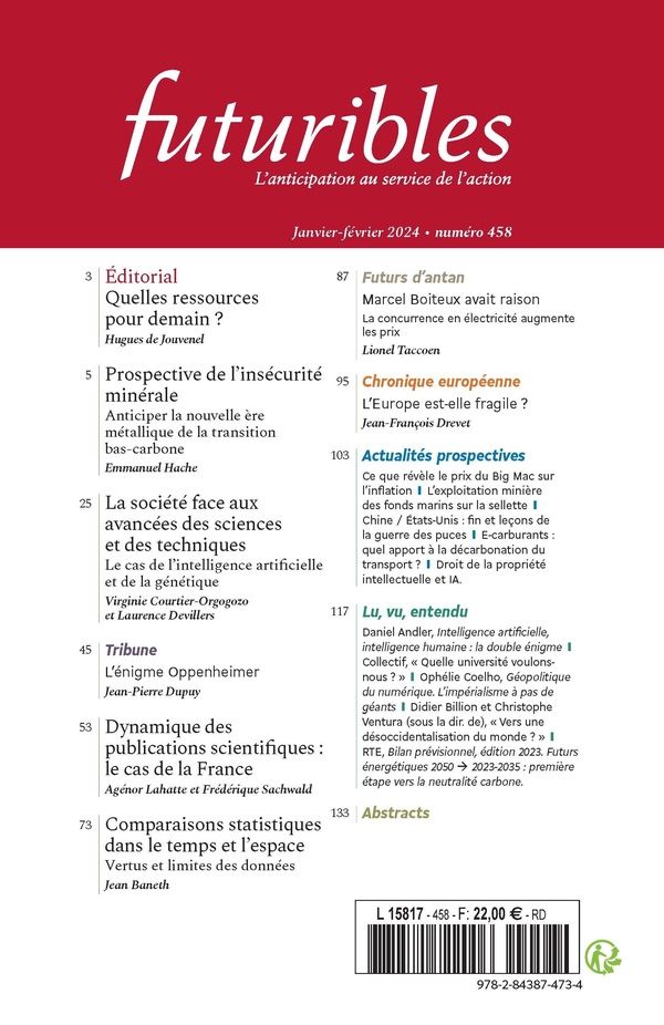 Quatrième de couverture de « FUTURIBLES 458, JANVIER-FEVRIER 2024. SCIENCE, TECHNOLOGIES ET SOCIETES - LA SOCIETE FACE AUX AVANCE »