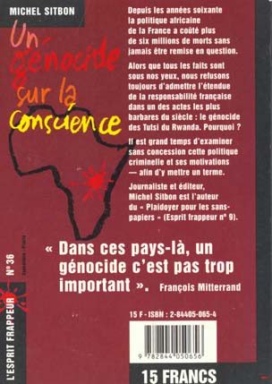 Quatrième de couverture de « UN GENOCIDE SUR LA CONSCIENCE »