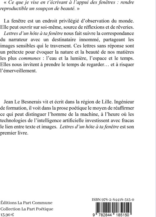Quatrième de couverture de « Lettres d'un hôte à ta fenêtre : depuis le temps que je regarde »