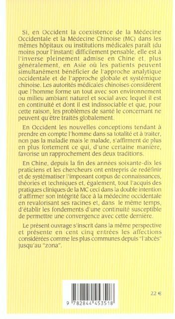 Quatrième de couverture de « MEDECINE CHINOISE - DESCRIPTION DE CENT AFFECTIONS »