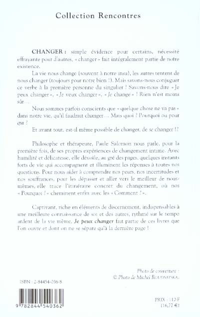 Quatrième de couverture de « JE PEUX CHANGER »