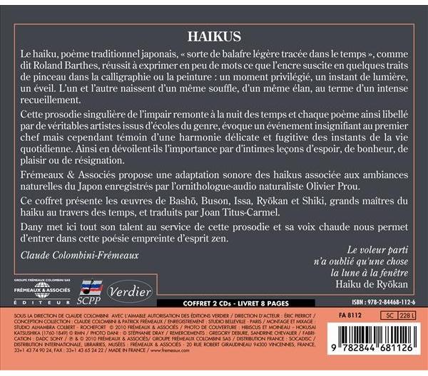 Quatrième de couverture de « HAIKUS LUS PAR DANI HAIKUS DE BASHO BUSON ISSA RYOKAN SHIKI TRADUITS PAR JOAN TITUS CARMEL »