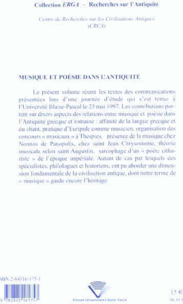 Quatrième de couverture de « MUSIQUE ET POESIE DANS L'ANTIQUITE »
