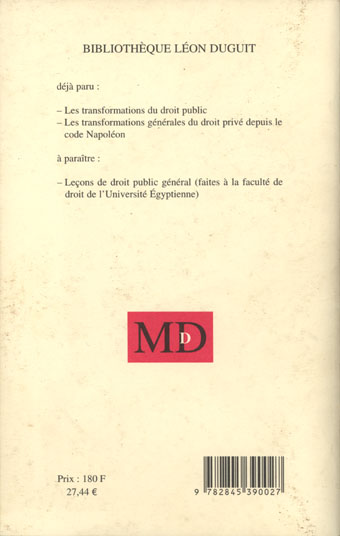 Quatrième de couverture de « DUGUIT (LEON), LES TRANSFORMATIONS GENERALES DU DROIT PRIVE DEPUIS LE CODE NAPOLEON »