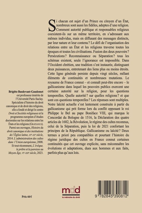 Quatrième de couverture de « B. BASDEVANT-GAUDEMET, GALLICANISME ET LAICITE - LE DROIT FRANCAIS DES RELIGIONS A TRAVERS L'HISTOIR »